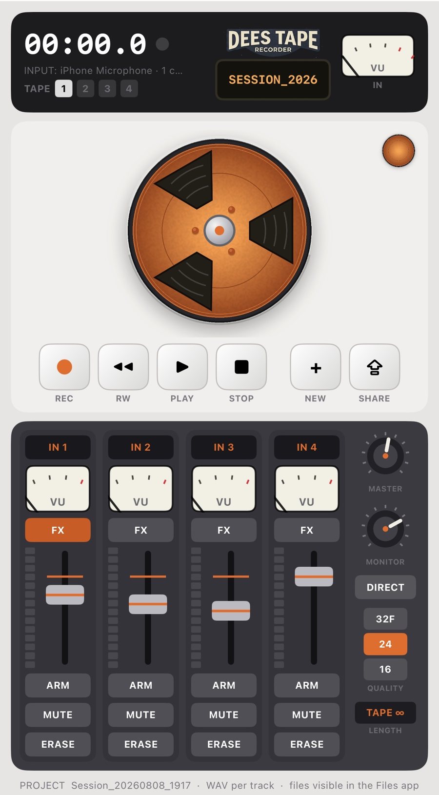 Dees Tape running on a phone — tape counter and VU up top, transport controls, four channel strips with faders and meters.