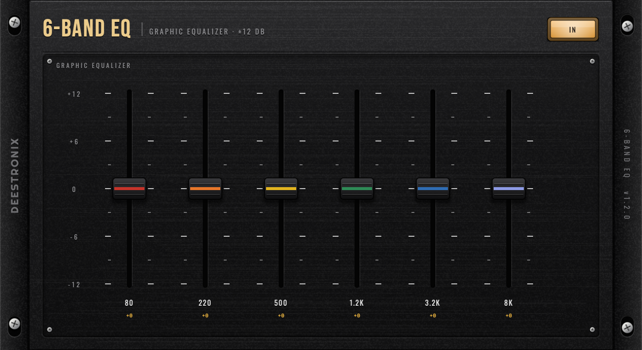 Deestronix 6-Band EQ — black rack faceplate with six colour-capped faders on a printed ±12 dB scale at 80, 220, 500, 1.2K, 3.2K and 8K.