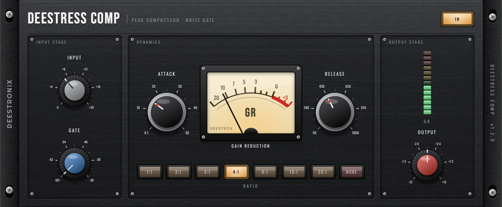 Deestronix Deestress Comp — gunmetal rack faceplate with INPUT and GATE, ATTACK and RELEASE either side of a gain-reduction VU, ratio lamp buttons from 1:1 to NUKE, and an output LED meter.