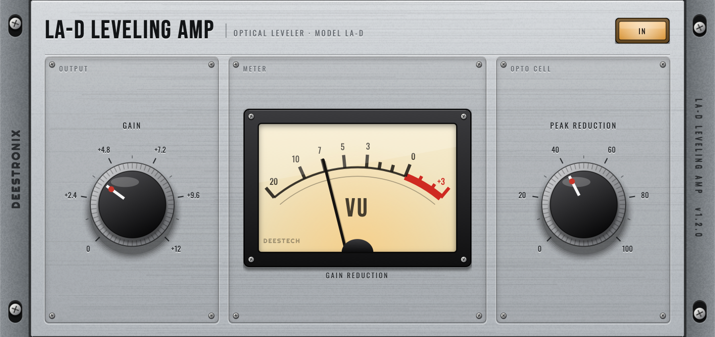 Deestronix LA-D Leveling Amp — brushed-aluminium faceplate with GAIN and PEAK REDUCTION knobs either side of a gain-reduction VU meter.