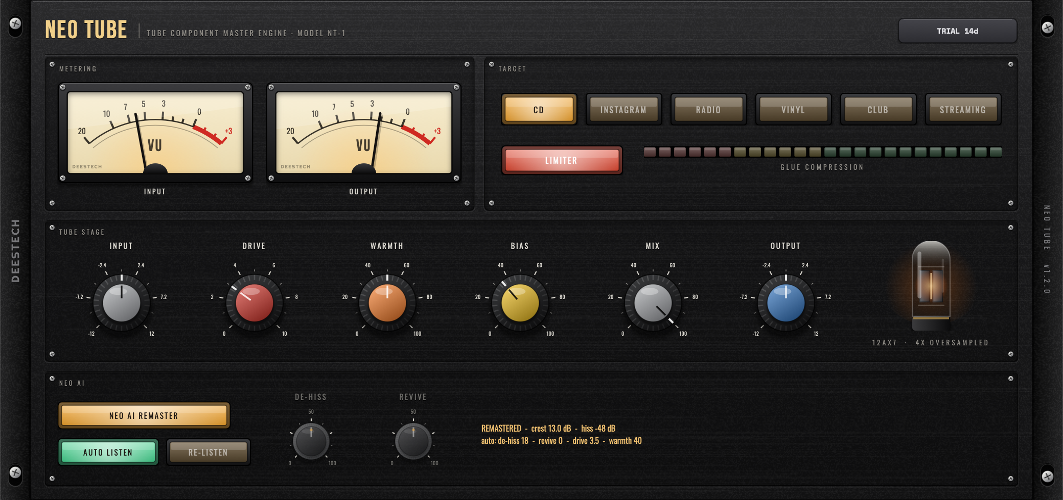 Neo TUBE — the tube stage knobs beside the glowing 12AX7.