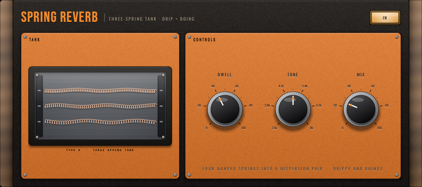 Deestronix Spring Reverb — mahogany faceplate with orange modules: a three-spring tank window and DWELL, TONE and MIX knobs.