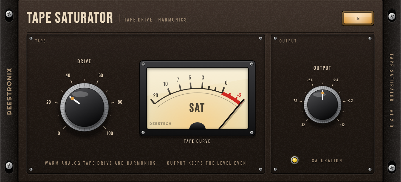 Deestronix Tape Saturator — cocoa rack faceplate with DRIVE and OUTPUT knobs, a tape-curve meter and the saturation lamp.